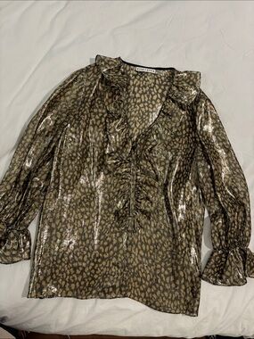 Alice + Olivia Metallic Olive Animal-Print Ruffle V-Neck Blouse